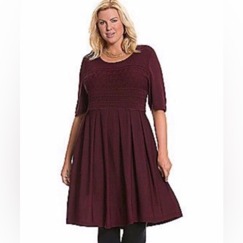 Lane Bryant Women's 18/20 Fit and Flare Dress Burgundy Pointelle Knit Pleated